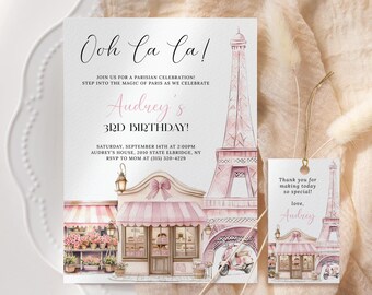 Paris Birthday Invitation EDITABLE, Coquette Paris Cafe Birthday Invitation, Pink Paris Themed Party, Eiffel Tower, French Patisserie CP14