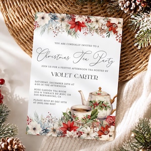 Christmas Tea Party Invitation Template, Editable Holiday Tea Party Invite, Printable Floral High Tea Christmas Party Invitation CT25