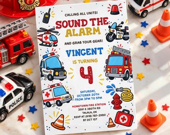 Emergency Vehicles Birthday Invitation Template, Editable First Responders Invite, Fire Truck Police Ambulance, Rescue Team Party Invite