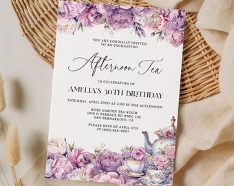 May include: A rectangular invitation card featuring purple and pink floral illustrations at the top and bottom. The text reads: You are cordially invited to an enchanting Afternoon Tea in celebration of Amelia's 30th Birthday, Saturday, April 20th.