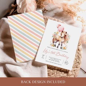 May include: A pink and white birthday invitation with a watercolor illustration of a brown horse with a pink mane and tail. The invitation says "Saddle up and let's gallop on over to celebrate Lily's 6th Birthday". The invitation also includes the date, time, and location of the party.