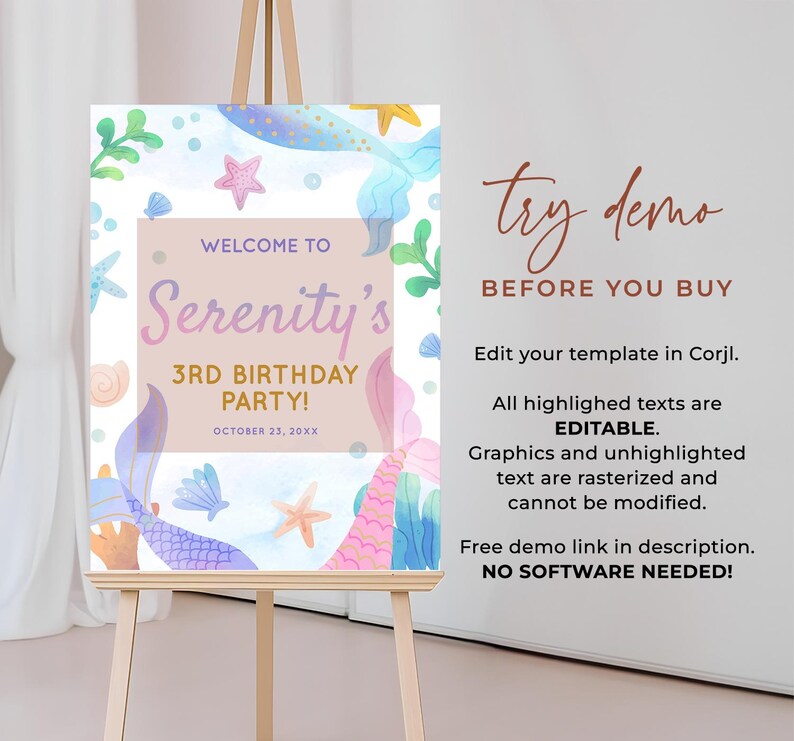 May include: A rectangular birthday party welcome sign featuring a watercolour mermaid theme with blue, pink, and purple scales, starfish, and seaweed. The text reads: WELCOME TO Serenity's 3RD BIRTHDAY PARTY! OCTOBER 23, 20XX on a light pink background.