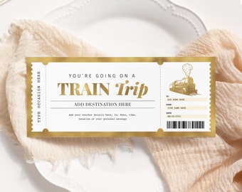 Train Ticket Gold Voucher EDITABLE, Surprise Travel Trip Gift Certificate, Personalized Train Boarding Pass, Train Ticket Template TT22