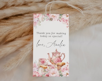Floral Tea Party Favor Tag EDITABLE, Blush Pink Afternoon Tea Party Gift Tag, Baby Bridal Shower Birthday, Thank You For Coming Tags AT28