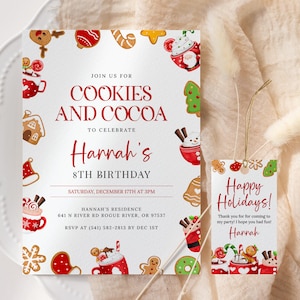 Cookies and Cocoa Birthday Invitation EDITABLE, Christmas Cookies, Hot Cocoa Holiday Party Invite Printable, Christmas Hot Chocolate Party