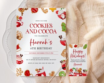 Cookies and Cocoa Birthday Invitation EDITABLE, Christmas Cookies, Hot Cocoa Holiday Party Invite Printable, Christmas Hot Chocolate Party