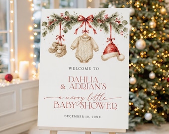 Christmas Baby Shower Welcome Sign Template, Editable Merry Little Baby Shower Party Sign, Printable Neutral Winter Baby Shower Decor ML17