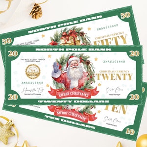 Weihnachten Spielgeld PRINTABLE, Weihnachten Dollar Geld, Nordpol Bank, Santa Weihnachtsgeld, Gold Santa Spielgeld, SOFORTIGER DOWNLOAD