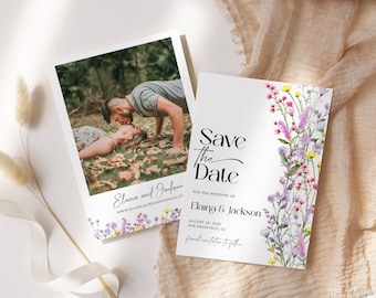 Wildflower Save The Date Template EDITABLE, Boho Floral Wedding Announcement, Minimalist Rustic Wedding Photo Save The Date Card WS12
