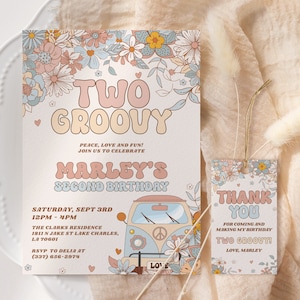 Two Groovy Birthday Invitation EDITABLE, Floral Groovy 2nd Birthday Invitation Printable, Retro Birthday, Hippie Van Peace Love Party GH13