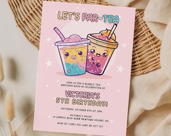 Boba Tea Birthday Invitation Template, Editable Bubble Tea Party Invite, Let's Par-Tea Kids Birthday Printable, Kawaii Pink Digital Download