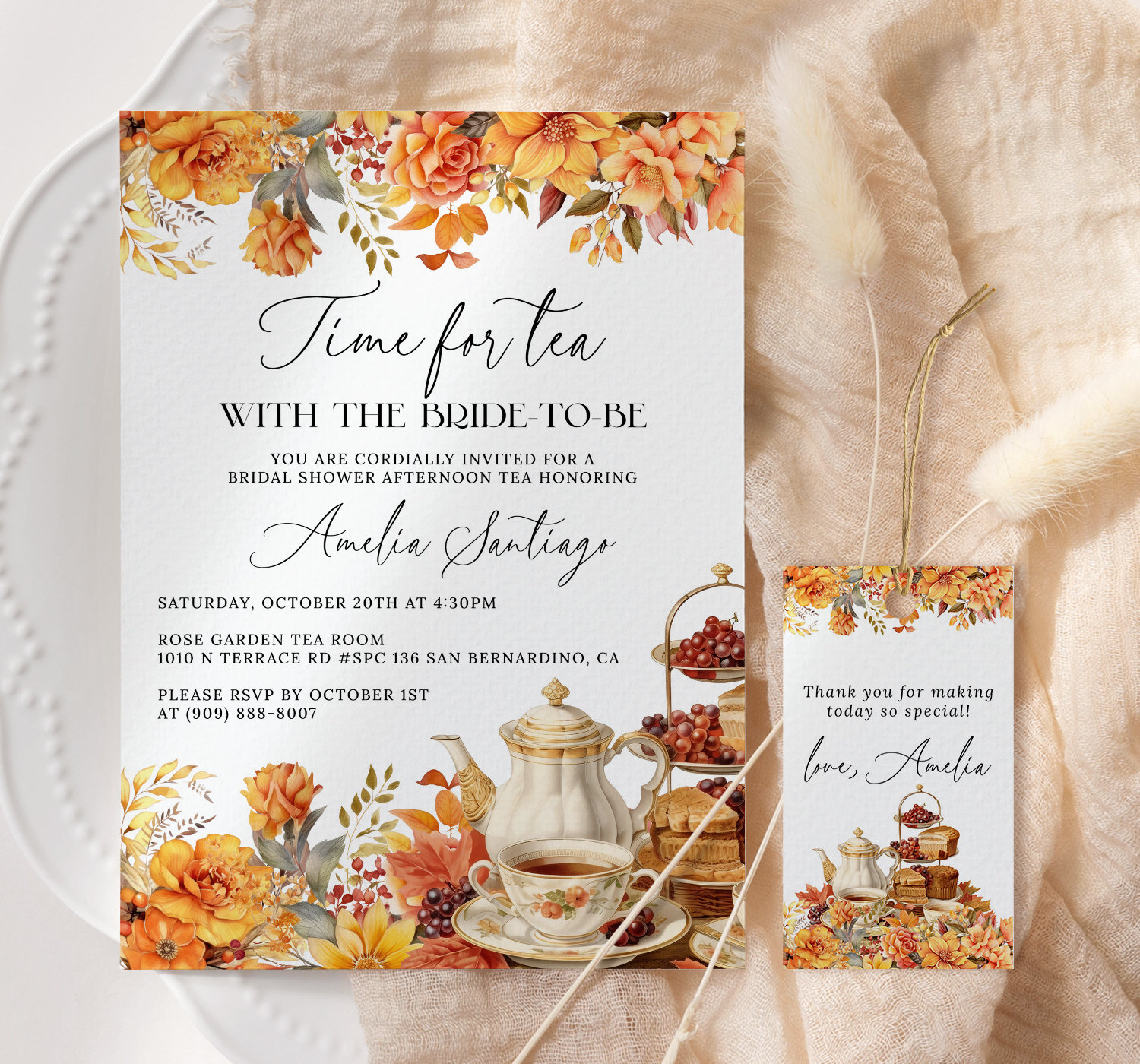 Time For Tea With The Bride To Be Fall Invitation EDITABLE, Autumn Floral Tea Party Bridal Shower Invitation, Fall Afternoon Tea Party FA21