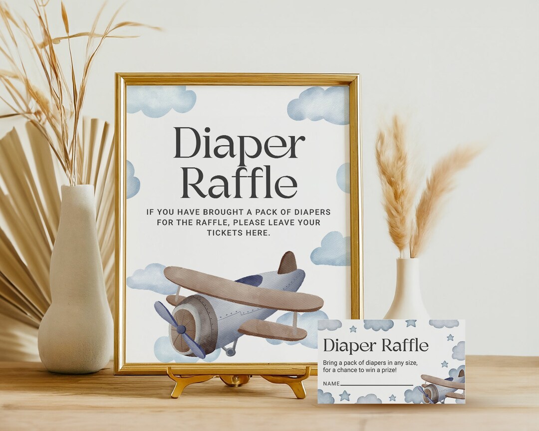 Blue Airplane Diaper Raffle Game Sign, Vintage Plane Baby Shower Diaper ...