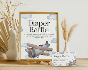 Blue Airplane Diaper Raffle Game Sign, Vintage Plane Baby Shower Diaper Raffle Cards Printable, Boy Baby Shower, INSTANT DOWNLOAD AP13