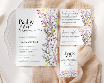 Wildflower Baby in Bloom Invitation Suite EDITABLE, Boho Floral Baby Shower Bundle Printable, Minimalist Garden Baby Shower Invite WS12