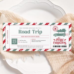 Cupón de viaje por carretera navideño EDITABLE, boleto de viaje por carretera sorpresa imprimible, viaje de fin de semana, certificado de regalo de viaje por carretera, vale de viaje