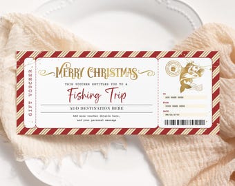Fishing Trip Christmas Gift Certificate EDITABLE, Fishing Trip Voucher, Printable Christmas Fishing Ticket, Holiday Gift Card Coupons