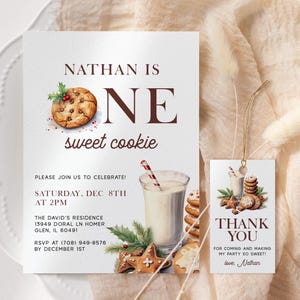 Milk and Cookies Christmas Birthday Invitation EDITABLE, One Sweet Cookie Birthday Invitation Printable, Christmas First Birthday MC42