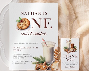 Milk and Cookies Christmas Birthday Invitation EDITABLE, One Sweet Cookie Birthday Invitation Printable, Christmas First Birthday MC42