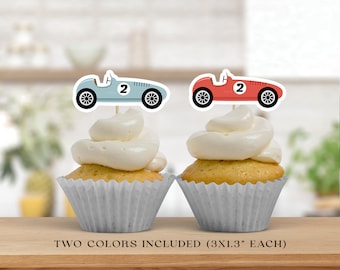 Race Car Cupcake Toppers EDITABLE, Printable Vintage Car Toppers, Racing Birthday Party Decor, Two Fast Birthday Toppers, Fast One Party