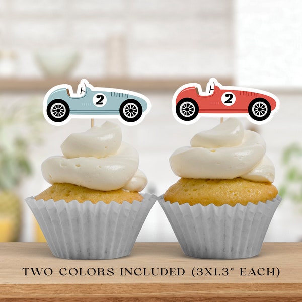 Race Car Cupcake Toppers Editable, Printable Vintage Car Toppers, Racing Birthday Party Decor, Two Fast Birthday, INSTANT DOWNLOAD