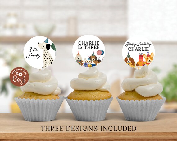 Dog Party Cupcake Toppers EDITABLE, Puppy Cupcake Toppers Printable, Lets Pawty Birthday Party ...