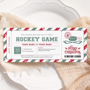 Billet de Noël pour un match de hockey MODIFIABLE, chèque-cadeau de hockey imprimable, billet pour les fêtes, bon pour un billet de match surprise, carte-cadeau de Noël