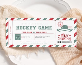 May include: A red and white striped gift voucher with a green and white snowflake pattern. The voucher is for a hockey game and says "Merry Christmas".