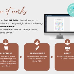 May include: A graphic showing how to use Corjl, an online tool to personalize designs. The steps are: 1. Purchase, 2. Personalize, 3. Print. The image shows a computer screen with a Corjl design template, a shopping cart icon, a pencil icon, and a printer icon.