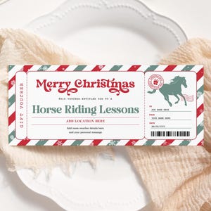 Vale de Navidad para clases de equitación EDITABLE, Certificado de alquiler de caballos imprimible, Paseos a caballo, Paseos a caballo, Tarjeta de regalo de Navidad