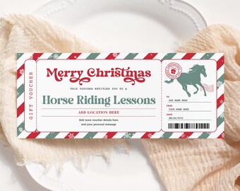 May include: A red and green striped gift voucher with a horse illustration and the text "Merry Christmas" and "Horse Riding Lessons". The voucher has a space to add a location, date, and names.