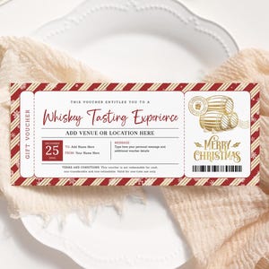 Vale de cata de whisky de Navidad EDITABLE, boleto de cata de bourbon, boleto de tour de whisky, certificado de regalo de Navidad, tarjeta de regalo imprimible