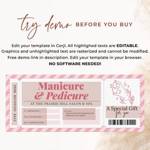 Puede incluir: Un certificado de regalo a rayas rosa y blanco para una manicura y pedicura en The Prairie Hill Salon & Spa. El certificado tiene campos para el nombre del destinatario, el nombre del remitente y la fecha. Tambi&eacute;n incluye un espacio para un mensaje personal. El certificado presenta una mano sosteniendo una botella de esmalte de u&ntilde;as y el texto "Un regalo especial para ti".