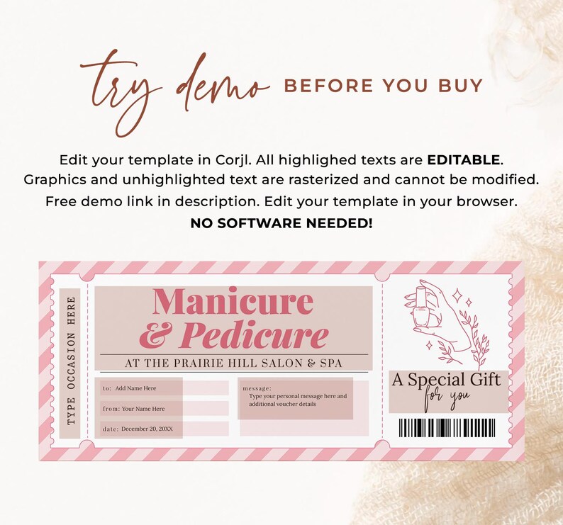 Puede incluir: Un certificado de regalo a rayas rosa y blanco para una manicura y pedicura en The Prairie Hill Salon & Spa. El certificado tiene campos para el nombre del destinatario, el nombre del remitente y la fecha. Tambi&eacute;n incluye un espacio para un mensaje personal. El certificado presenta una mano sosteniendo una botella de esmalte de u&ntilde;as y el texto "Un regalo especial para ti".