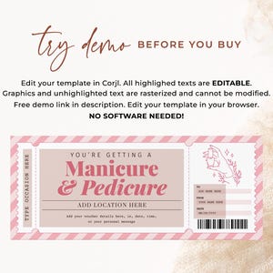 Puede incluir: Una plantilla de vale de manicura y pedicura rosa y blanca con el texto "Te est&aacute;s haciendo una manicura y pedicura". La plantilla incluye &aacute;reas para agregar la ubicaci&oacute;n, el nombre y la fecha. Tambi&eacute;n est&aacute; presente el texto "Prueba la demo antes de comprar".