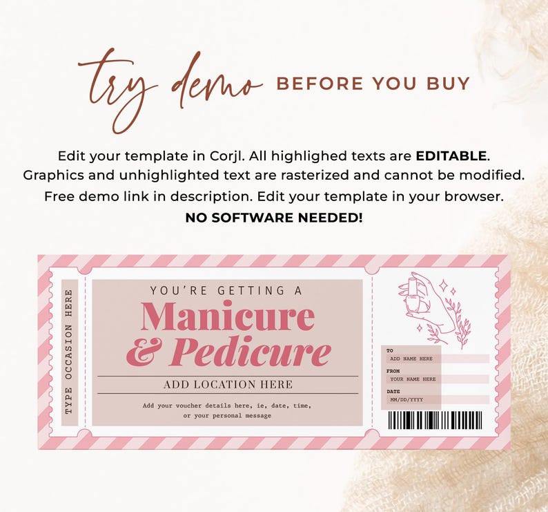 Puede incluir: Una plantilla de vale de manicura y pedicura rosa y blanca con el texto "Te est&aacute;s haciendo una manicura y pedicura". La plantilla incluye &aacute;reas para agregar la ubicaci&oacute;n, el nombre y la fecha. Tambi&eacute;n est&aacute; presente el texto "Prueba la demo antes de comprar".