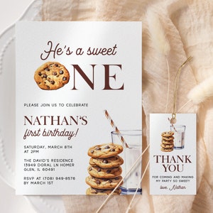 Milk and Cookies Birthday Invitation EDITABLE, One Sweet Cookie Birthday, Printable First Birthday Invitation, Cookie Birthday Party MC42