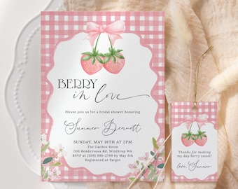 Zaproszenie na wieczór panieński „Jagody w miłości”, zaproszenie „Miłość to słodkie jagoda”, zaproszenie na wieczór panieński z motywem truskawkowym (edytowalne, do druku) BL17