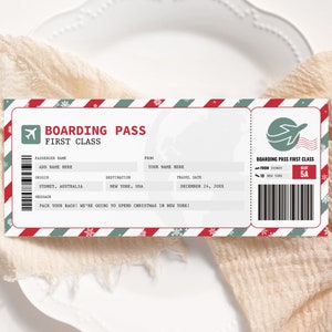 Cartão de embarque de Natal EDITÁVEL, modelo de bilhete de avião para impressão, bilhete de viagem surpresa, voucher de viagem de avião, bilhete de férias