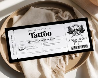 Tattoo Gift Certificate Template, EDITABLE Tattoo Gift Voucher, Printable Get Inked Gift Card, Tattoo Ticket Coupon, Tattoo Artist Gift