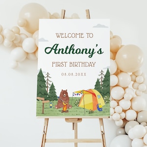 Happy Camper Welcome Sign EDITABLE, First Birthday Welcome Banner, Camping Party Decor, Camp Theme Party, Camping Welcome Poster