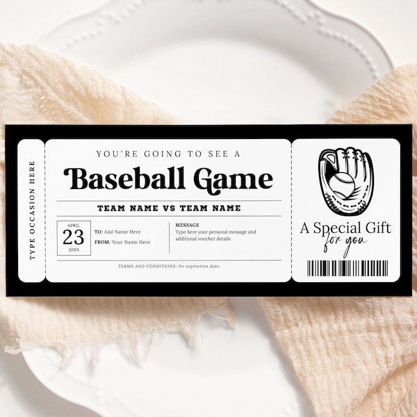 Baseball Game Ticket EDITABLE, Surprise Baseball Gift Certificate, Surprise Game Ticket Voucher, Sports Ticket Printable, Any Occasion