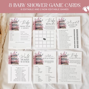 Storybook Baby Shower Games Bundle EDITIERBAR, 8 Coquette Book Themed Baby Shower Game Card bedruckbar, neues Kapitel Baby Shower Aktivitäten CB06
