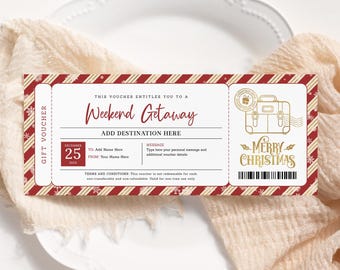 May include: A rectangular gift voucher for a weekend getaway with a red and white candy cane striped border featuring snowflakes. The text reads "Weekend Getaway," "Merry Christmas," and includes fields for names, a message, and date.