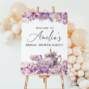 Placa de boas-vindas para chá da tarde com flores roxas EDITÁVEL, pôster de boas-vindas para chá da tarde, chá da tarde no jardim, chá de panela de bebê e aniversário AT28