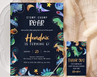 May include: A blue and gold dinosaur-themed birthday party invitation with a matching thank you tag. The invitation features a rocket, planets, and dinosaurs. The text on the invitation reads "Stomp. Chomp. Roar. Hendrix is turning 6!" and the thank you tag reads "Thank you for stomping by! I hope you had a roaring good time! Hendrix".