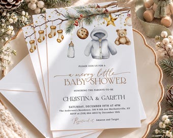 PRINTED Winter Baby Shower Invitation, Merry Little Baby Shower Invite, Gender Neutral Boho Christmas Baby Shower Cards with Envelopes MC20