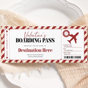 Valentines Bordkarte Vorlage EDITIERBAR, Surprise Trip Ticket, druckbare personalisierte Flugzeug Geschenk Gutschein, Flug Flugticket