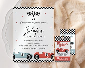 Vintage Rennauto-Geburtstags-Einladung EDITIERBAR, zwei schnelle Party-Einladung druckbar, Racing-Geburtstag einladen, Rennauto-Party, jedes Alter