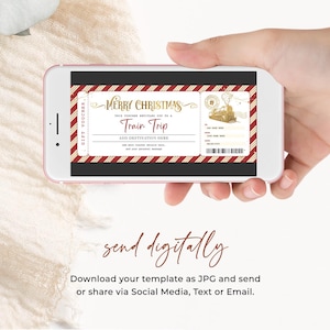 May include: A printable Christmas gift voucher template for a train trip. The voucher is designed to look like a vintage train ticket with red and white stripes, gold accents, and a cartoon train illustration. The text on the voucher reads "Merry Christmas, This voucher entitles you to a Train Trip, Add Destination Here".